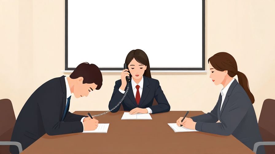 Illustration of a formal meeting room with a person bowing slightly while on the phone, respectful and calm mood