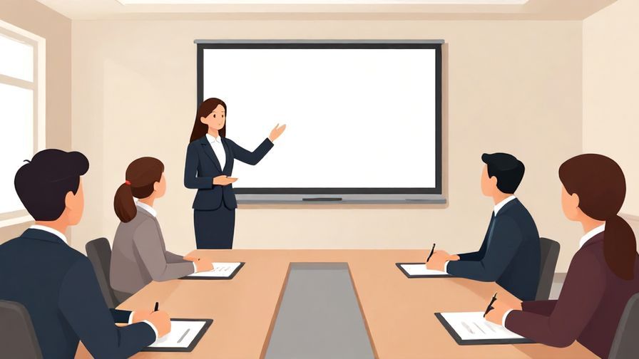 Illustration of a formal meeting room with a presenter signaling the end of the session, professional attire, neutral tones