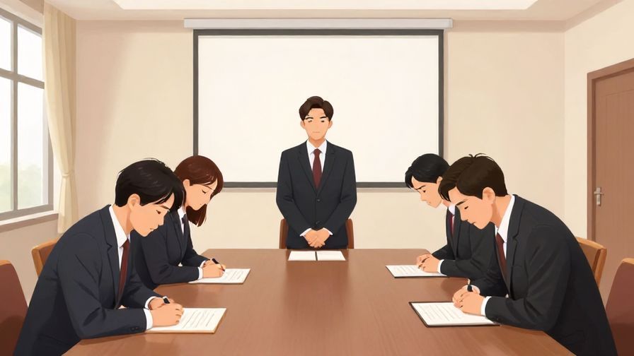 Illustration of a formal meeting room with people bowing slightly, respectful atmosphere, soft lighting