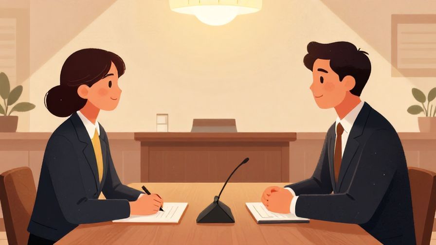 Illustration of a formal meeting room with two people conversing politely, warm lighting, detailed background, illustrated style