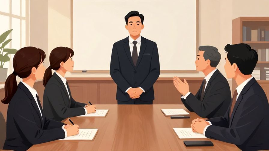 Illustration of a formal meeting scene with attentive participants and respectful gestures, refined office background, illustrated style