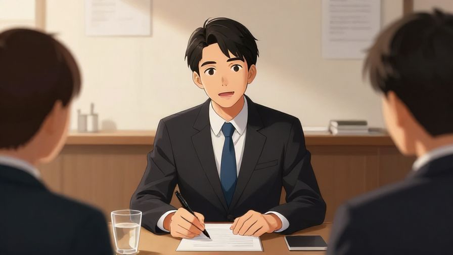 Illustration of a formal meeting setting with a poised individual speaking confidently, soft lighting, focused expression