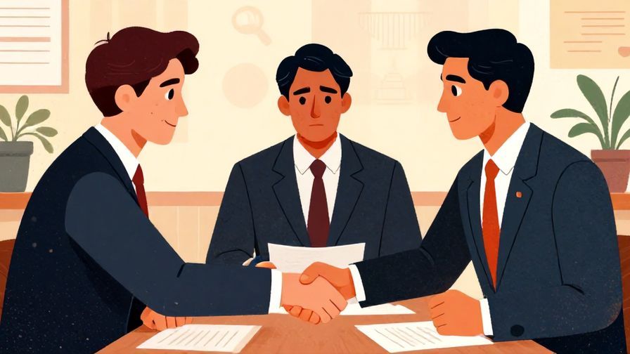 Illustration of a formal meeting setting with business people shaking hands, serious expressions, detailed background, vibrant colors, illustrated style