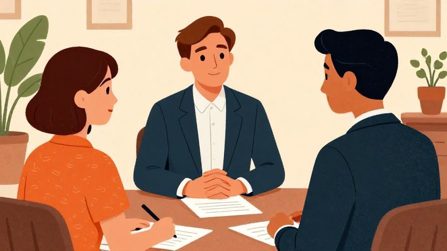 Illustration of a formal meeting setting with one person politely asking another about their schedule, detailed background, vibrant colors, illustrated style
