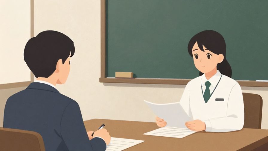 Illustration of a formal meeting where a person politely asks for kanji reading help, with respectful posture and office environment, illustrated style