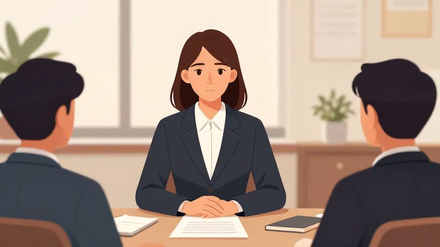 Illustration of a formal meeting with a calm but firm person giving a warning, office background