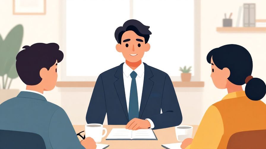 Illustration of a formal meeting with a person giving a confident nod, clean office background, vibrant colors, illustrated style