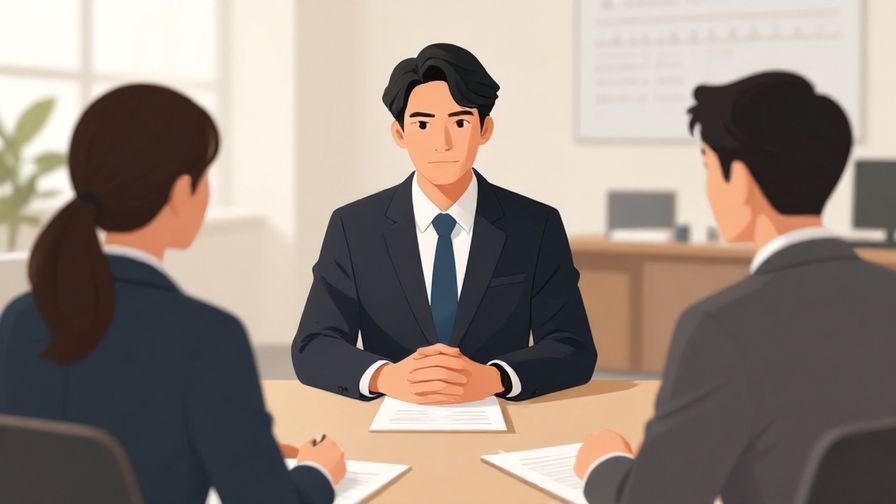 Illustration of a formal meeting with a person politely asking for feedback, serious atmosphere, office background