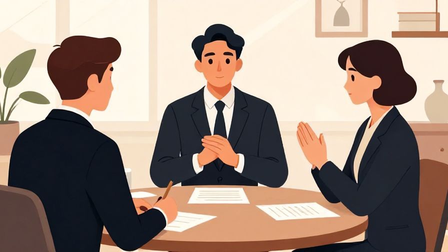 Illustration of a formal meeting with a person politely but firmly denying a request, elegant office setting