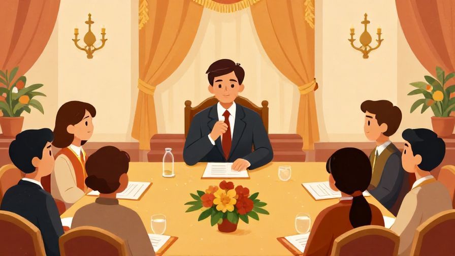 Illustration of a formal meeting with a person speaking humbly, others listening attentively, ceremonial decor