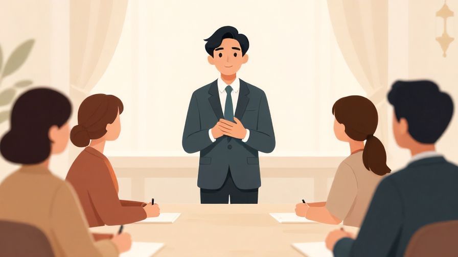 Illustration of a formal meeting with a person speaking respectfully to an audience, elegant background, soft focus