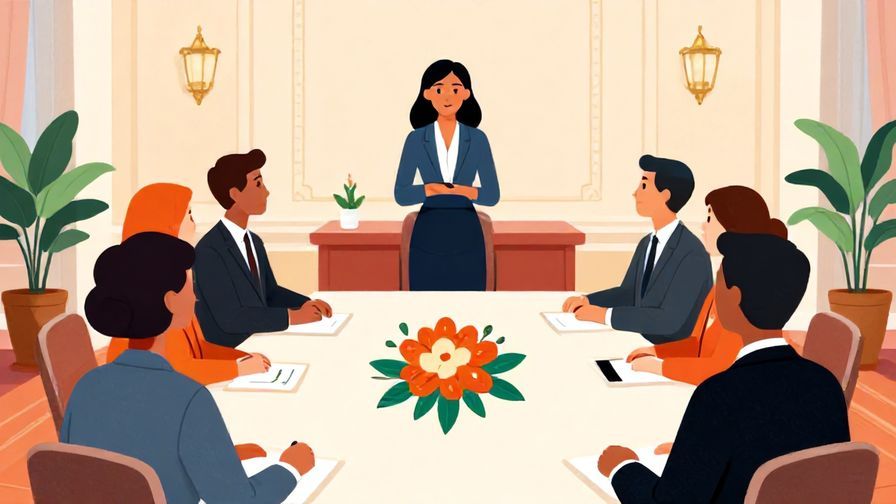 Illustration of a formal meeting with a speaker calmly addressing the group, emphasizing careful behavior, elegant room background, vibrant colors, illustrated style