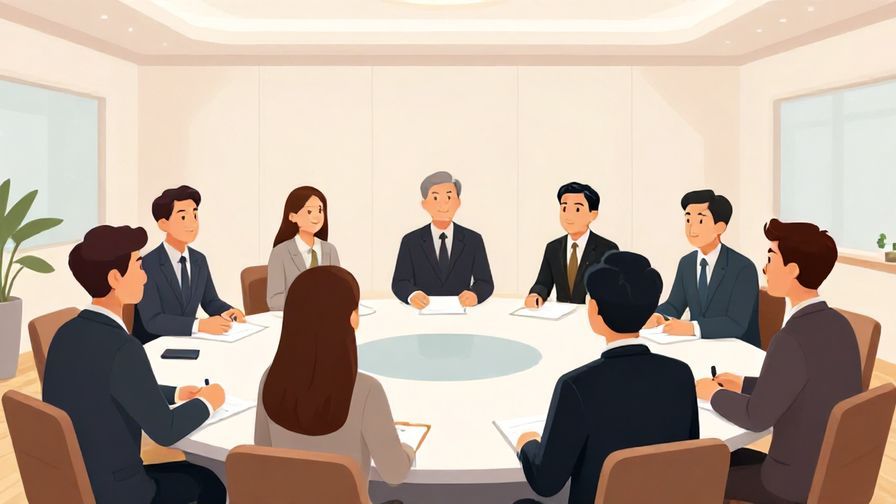 Illustration of a formal meeting with people discussing, bright conference room, detailed background