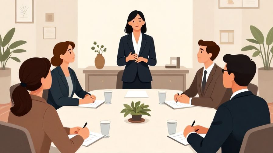 Illustration of a formal meeting with people listening attentively, one person speaking respectfully, elegant office setting, illustrated style
