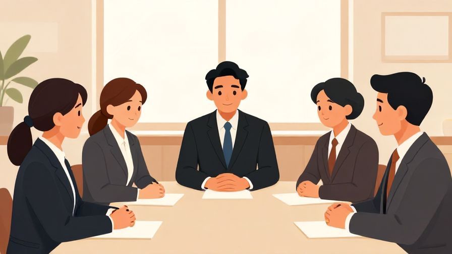 Illustration of a formal meeting with respectful nods and warm smiles, bright room