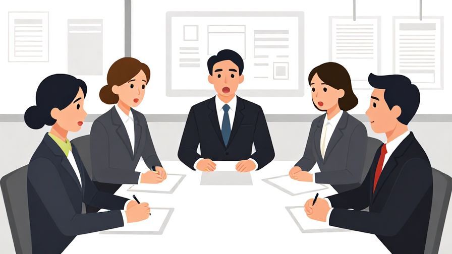 Illustration of a formal meeting with surprised expressions around a table, detailed office background
