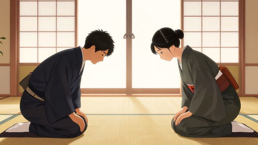 Illustration of a formal meeting with traditional Japanese decor, respectful bowing between two individuals, soft natural lighting