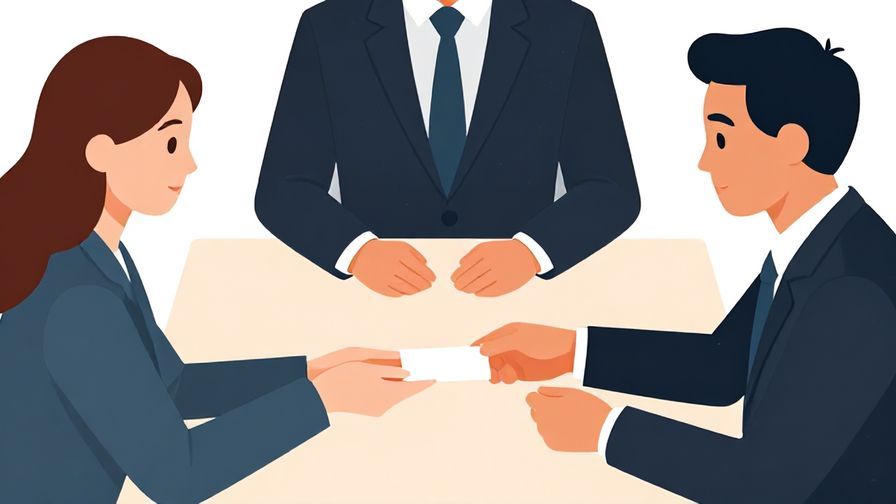Illustration of a formal meeting with two people exchanging business cards, calm colors, illustrated style