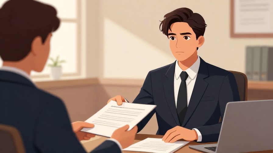 Illustration of a formal office environment, a person handing over a document with serious but polite expression