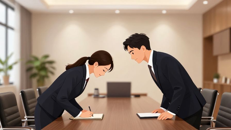 Illustration of a formal office meeting with respectful bowing and polite smiles, elegant office interior