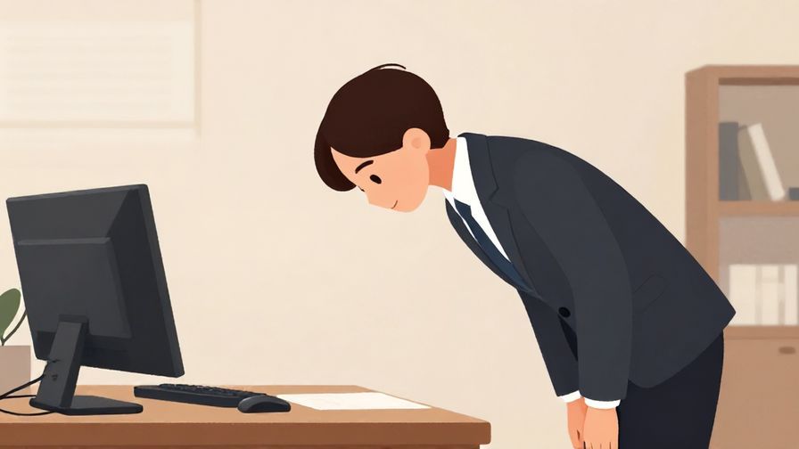 Illustration of a formal office setting with a person bowing slightly, soft muted colors, professional atmosphere, illustrated style
