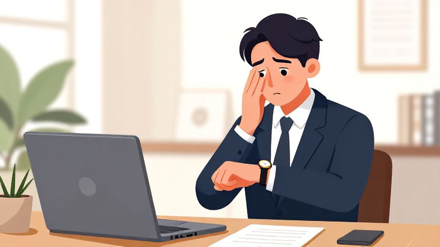 Illustration of a formal office setting with a person checking their watch anxiously, bright colors, illustrated style