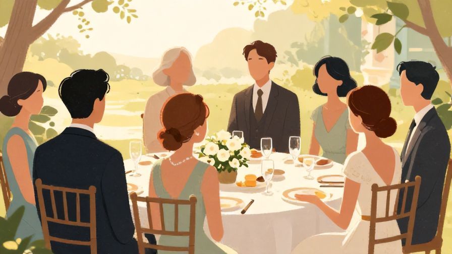 Illustration of a formal outdoor gathering with guests dressed elegantly in the afternoon sun, serene and refined atmosphere