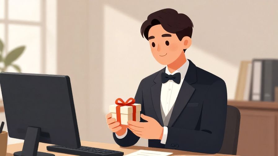 Illustration of a formal person smiling gently while holding a small gift box, elegant office ambiance with soft shadows
