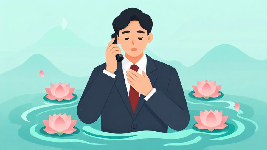 Illustration of a formal person speaking on the phone with a slight bow, surrounded by lotus flowers and gentle waves