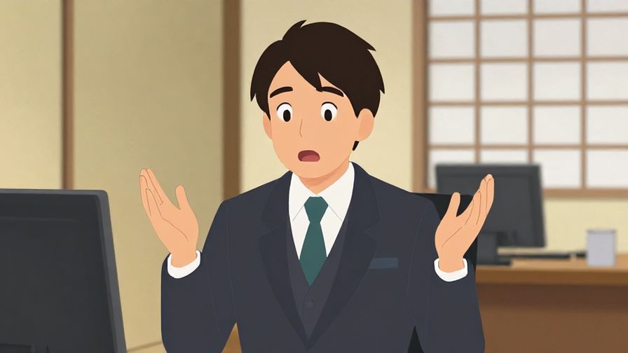 Illustration of a formal person with a surprised expression, hands lightly raised, traditional Japanese office setting