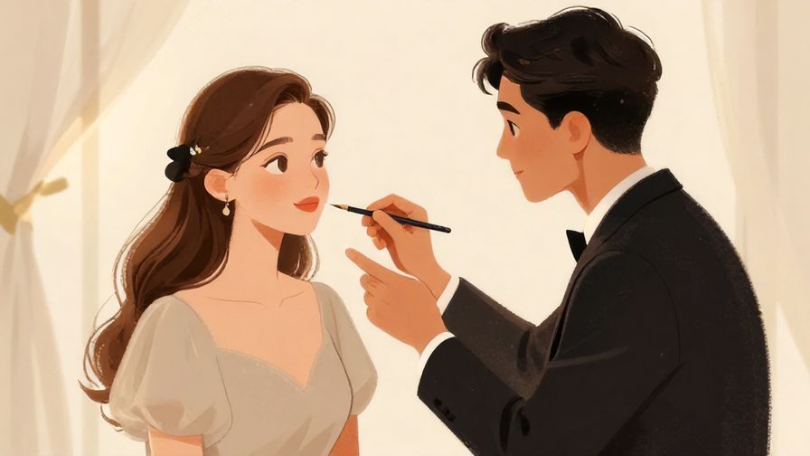 Illustration of a formal portrait session with a person admiring another’s beauty respectfully, delicate lighting