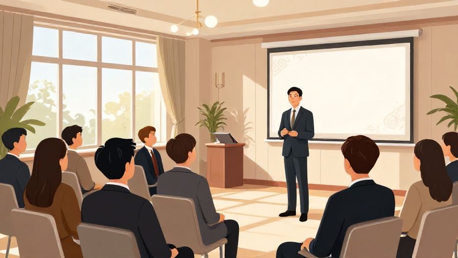 Illustration of a formal presentation with an audience nodding, elegant conference room, daylight through windows
