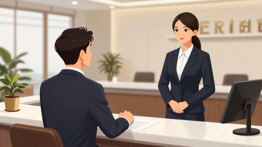 Illustration of a formal setting with a businessperson asking a receptionist, elegant office lobby background