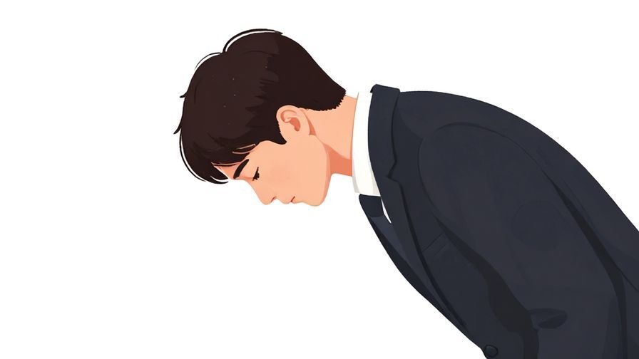 Illustration of a formal setting with a person bowing slightly, showing respectful humility and sincere emotion