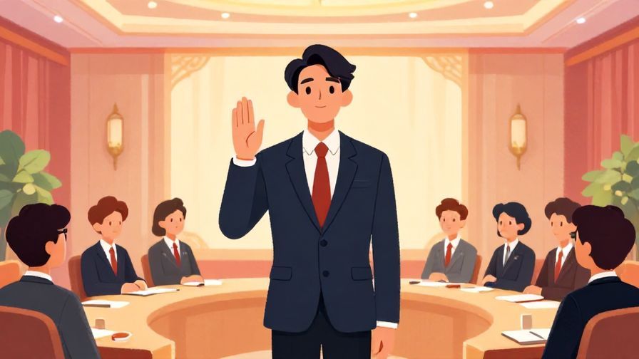 Illustration of a formal setting with a speaker raising a hand slightly as a polite warning, elegant conference room background, vibrant colors, illustrated style