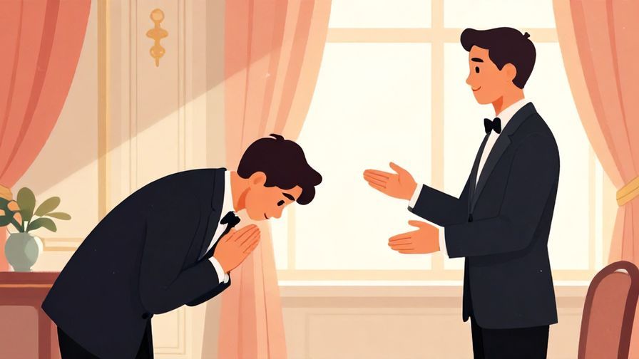Illustration of a formal setting with an attendant bowing politely while gesturing ahead, soft lighting, elegant interior, vibrant colors