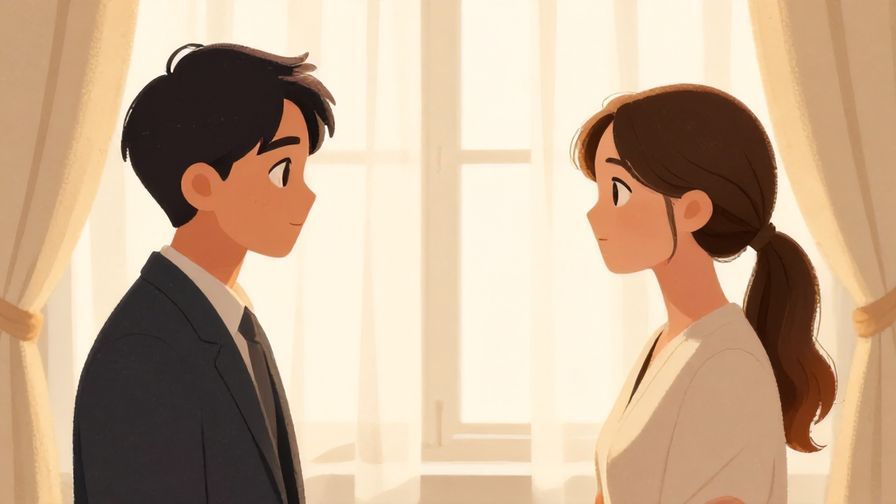 Illustration of a formal setting with gentle eye contact between two people, soft light filtering through curtains, respectful and calm, illustrated style