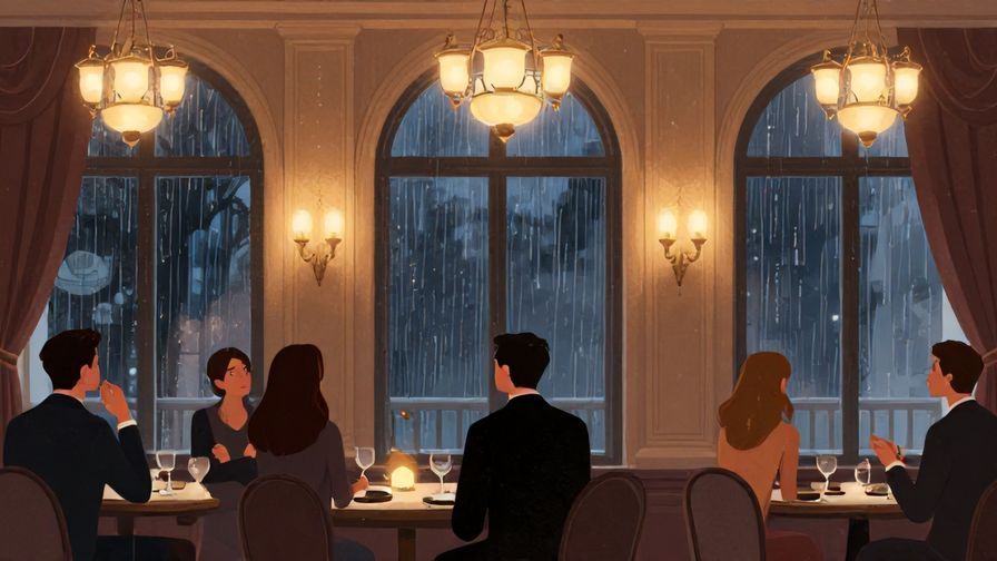 Illustration of a formal setting with people looking out windows at steady rain, elegant indoor lighting and thoughtful expressions