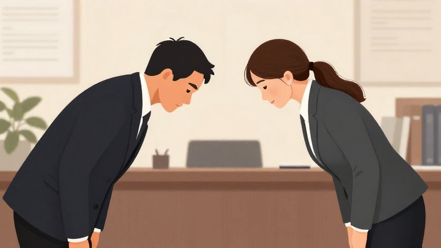 Illustration of a formal setting with two people bowing slightly to each other, a calm office background, muted colors, illustrated style