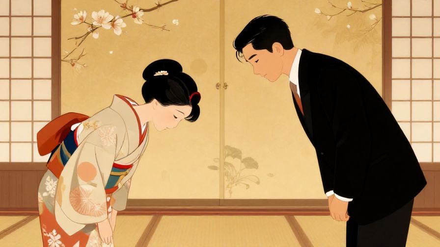 Illustration of a formal setting with two people bowing slightly, one politely asking the other to wait, elegant traditional Japanese decor