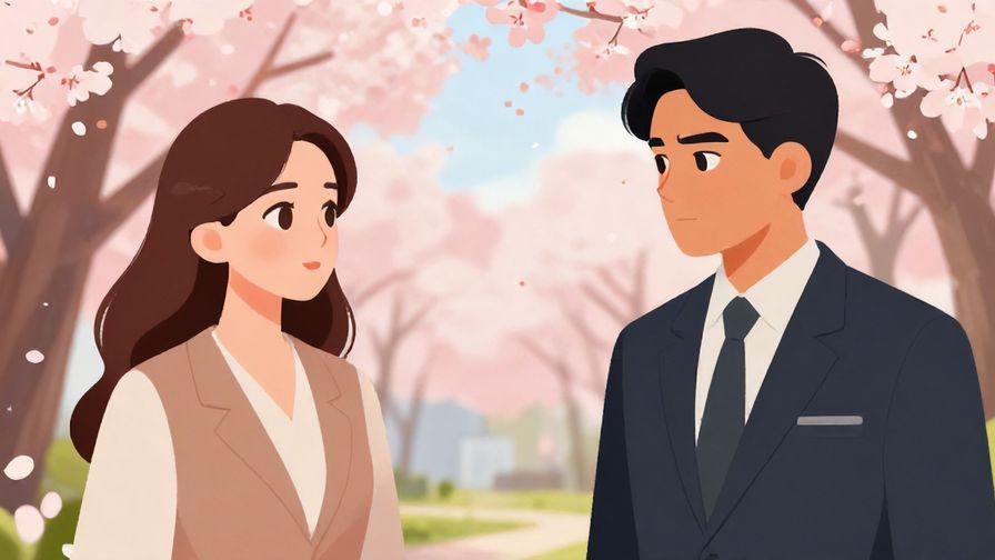 Illustration of a formal setting with two people exchanging serious expressions, cherry blossoms in the background, elegant style