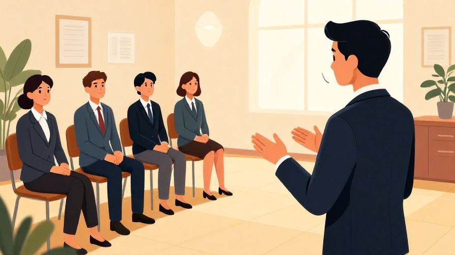 Illustration of a formal speaker emphasizing caution with hands, elegant room with business people listening attentively, vibrant colors, illustrated style