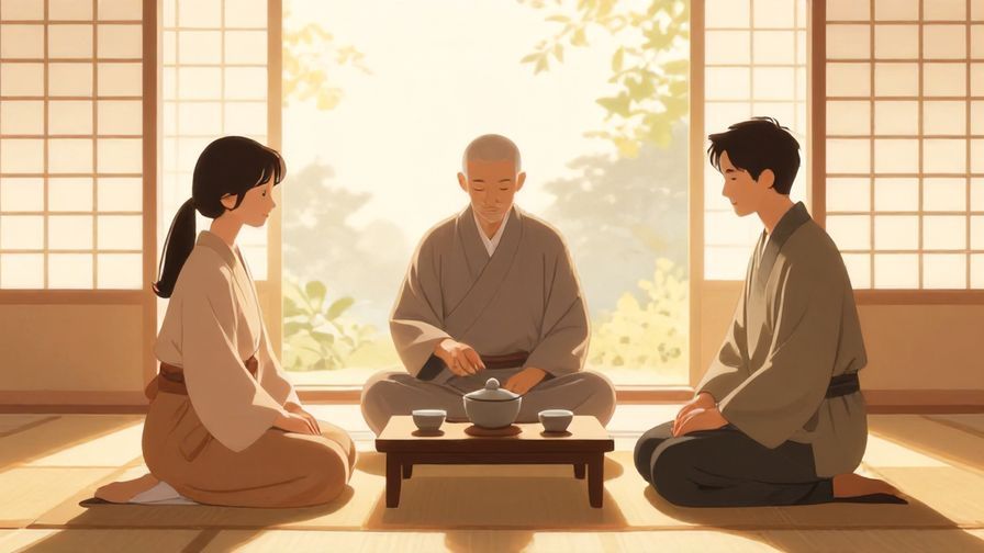 Illustration of a formal tea ceremony setting with gentle sunlight filtering through paper screens, serene atmosphere