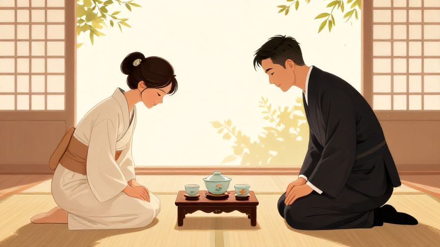 Illustration of a formal tea ceremony setting with two people bowing to each other in the afternoon, serene traditional background