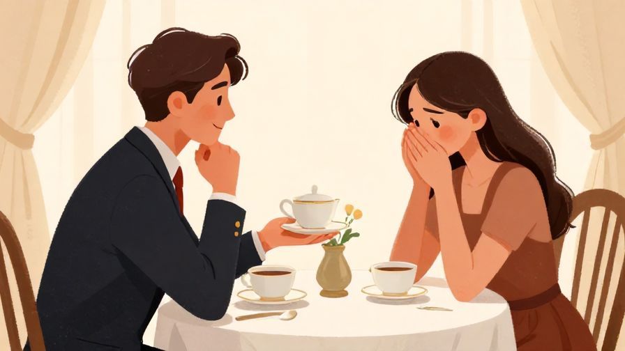 Illustration of a formal tea room, one person offering a comforting smile to another who looks emotional but composed, elegant setting, illustrated style