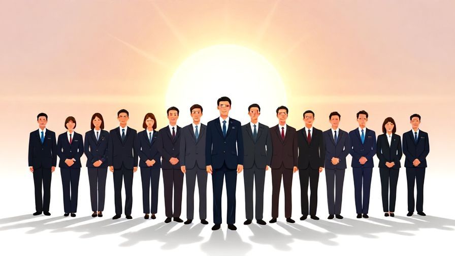 Illustration of a formal team in suits or uniforms, standing united, sunrise in the background symbolizing new beginnings
