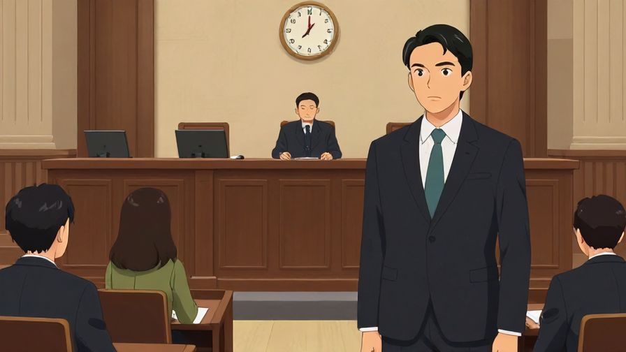 Illustration of a formal timer signaling end in a courtroom or exam hall, serious mood, detailed background
