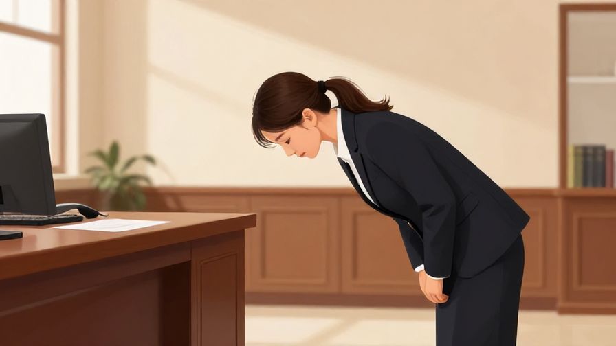 Illustration of a formally dressed person bowing politely in an office setting, elegant wooden furniture and soft lighting