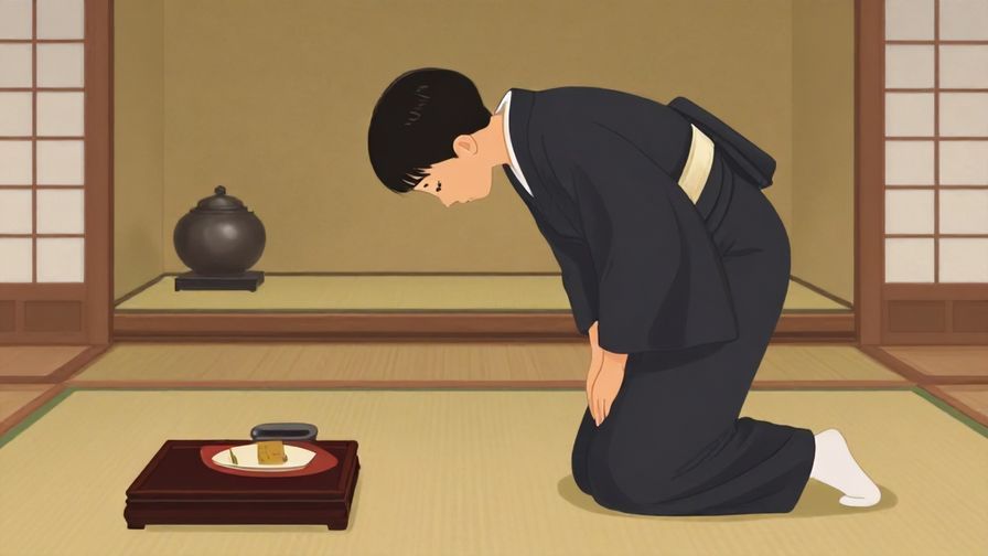 Illustration of a formally dressed person bowing politely in a traditional Japanese room, soft lighting