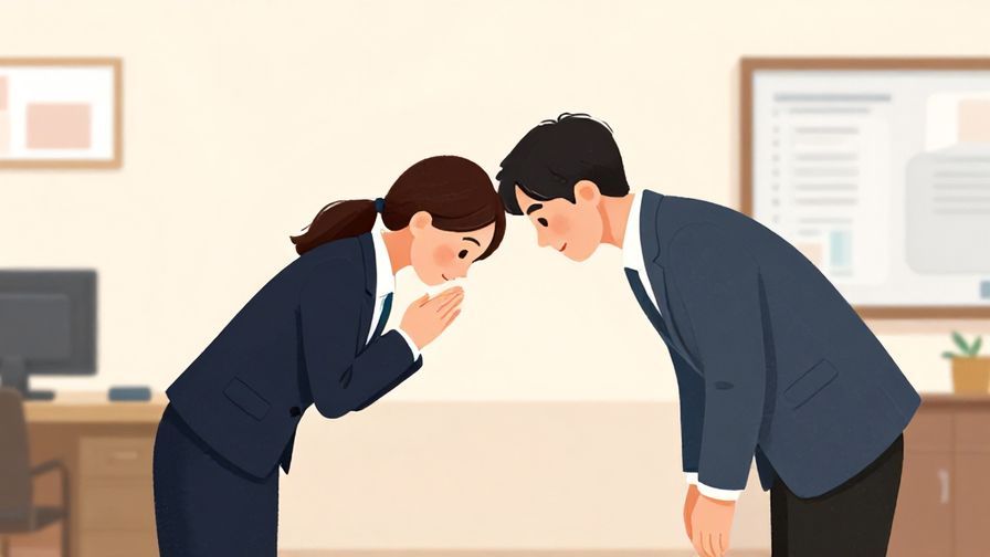 Illustration of a formally dressed person bowing respectfully in an office setting, preparing to leave a meeting, soft lighting, vibrant colors, illustrated style